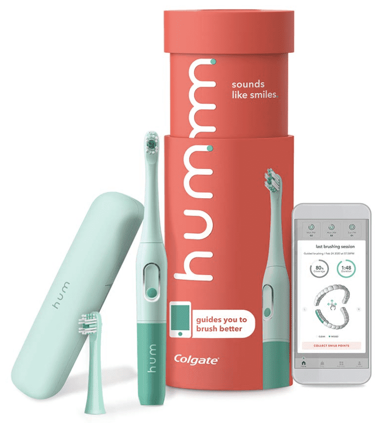 hum by Colgate Smart Battery Toothbrush Kit, Sonic Toothbrush Handle with 2 Refill Heads and Travel Case, Teal, Amazon exclusive