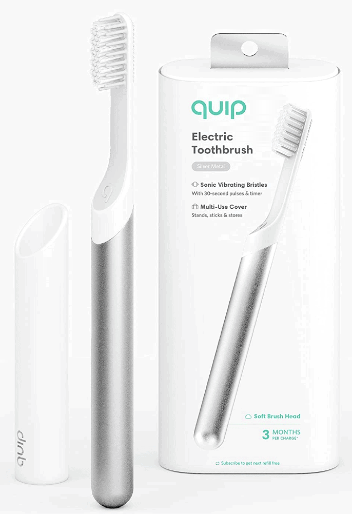 quip Adult Electric Toothbrush - Sonic Toothbrush with Travel Cover & Mirror Mount, Soft Bristles, Timer, and Metal Handle - Silver